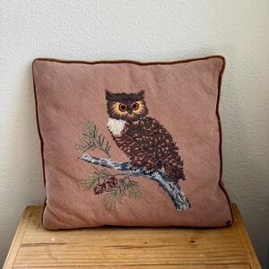 Vintage Needlepoint Owl Pillow Velvet Back Brown Rust Bird Cabin Decor Cottage